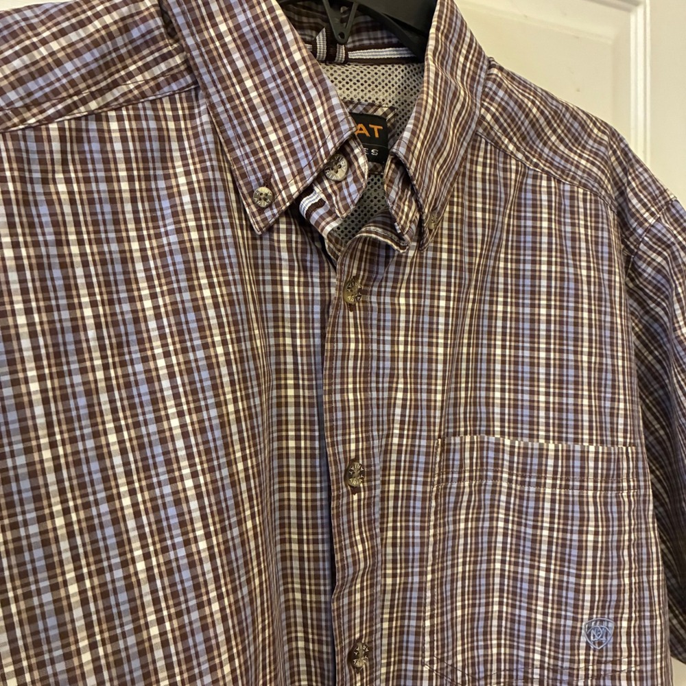 Ariat Pro Series Shirt Mens Medium Plaid Short Sleeve Brown Button Up Western